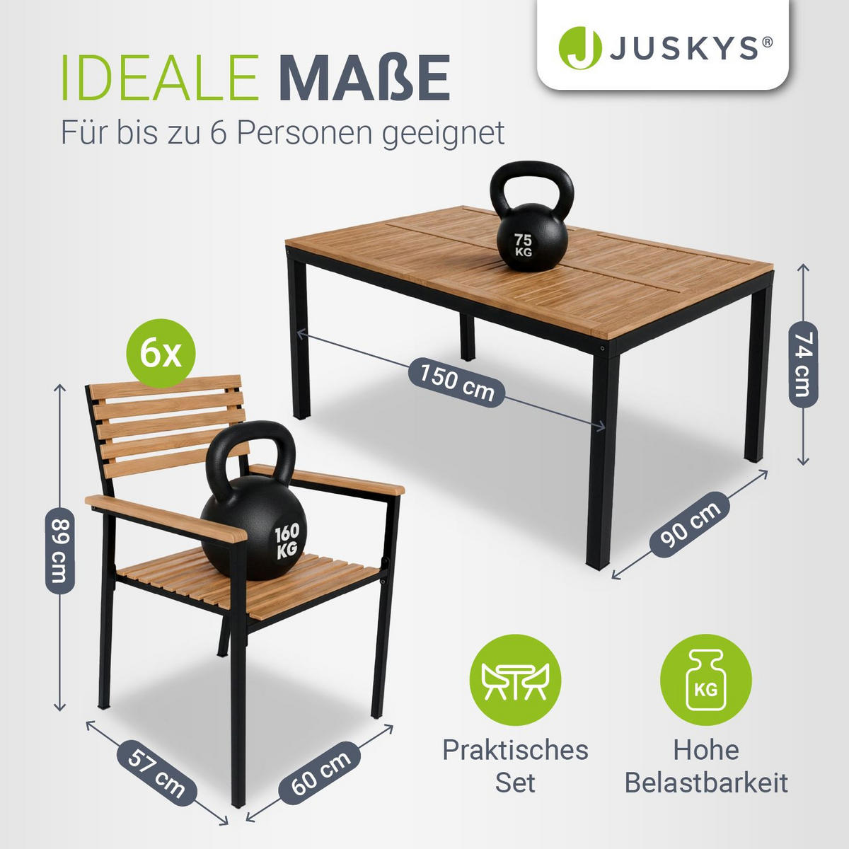GARTENGARNITUR Rhodos Akazienholz 7-teilig - Braun, Holz/Metall - Juskys