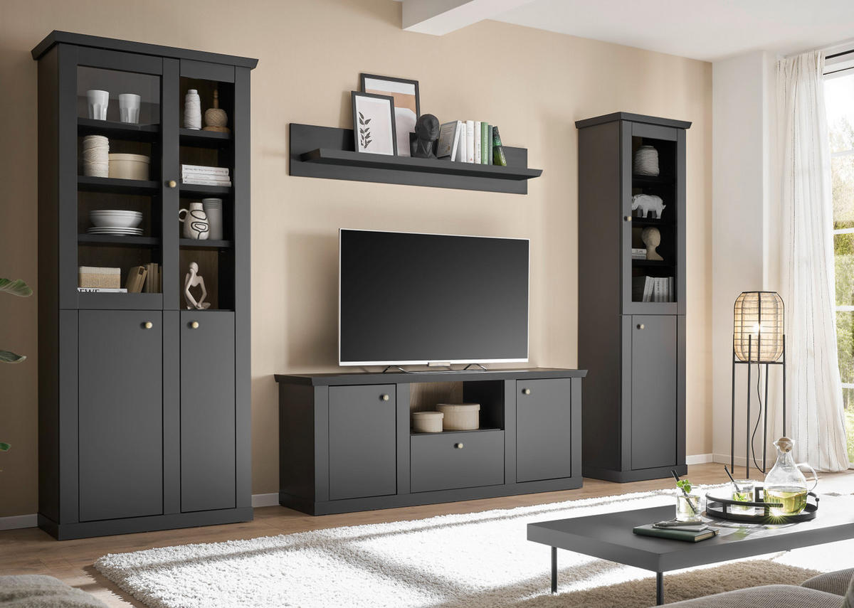 TV-LOWBOARD schwarz matt, Eiche Landhaus 158 cm, TV Unterteil mit Soft-Close - Eichefarben/Messingfarben, Holzwerkstoff/Metall (158/62/42cm) - Furn.Design