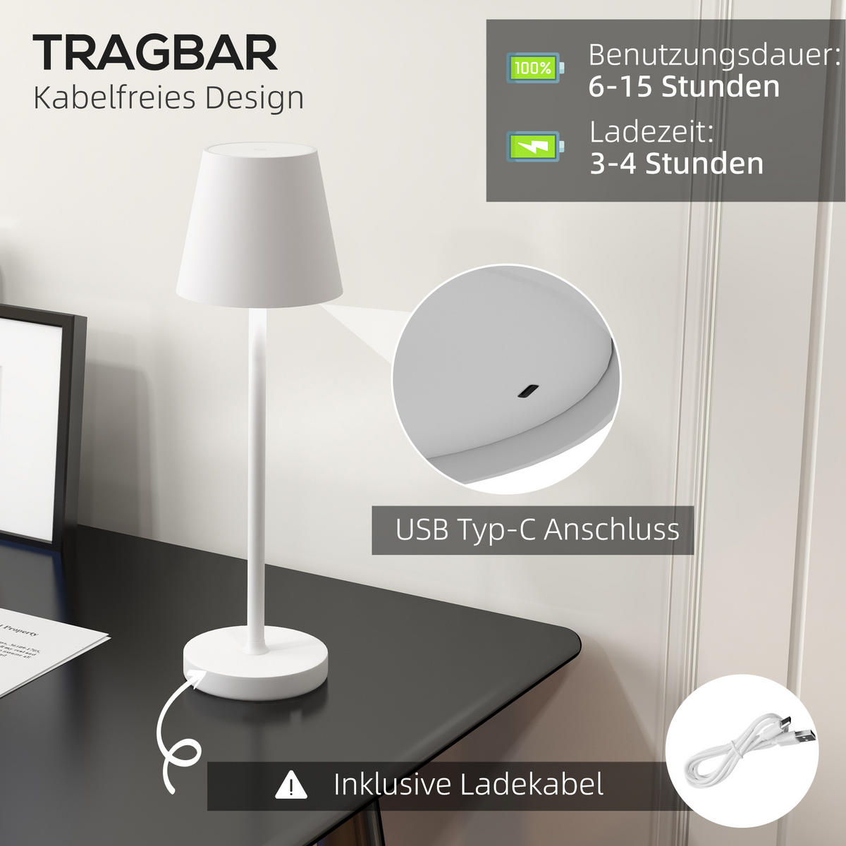 TISCHLAMPE Aufladbare, Metall, Weiß - Weiß, Metall (11.2/11.2/36.5cm) - HOMCOM