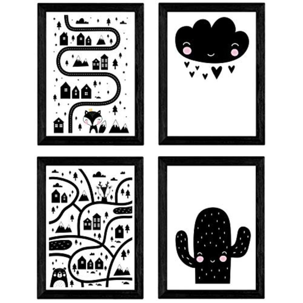 POSTER Set mit 4 „Stadt, Stadt, Wüste Kaktus und CloudHerzen“ Tiere A4 Rahmenlos - Klar, Papier (29.7/3cm) - Nacnic