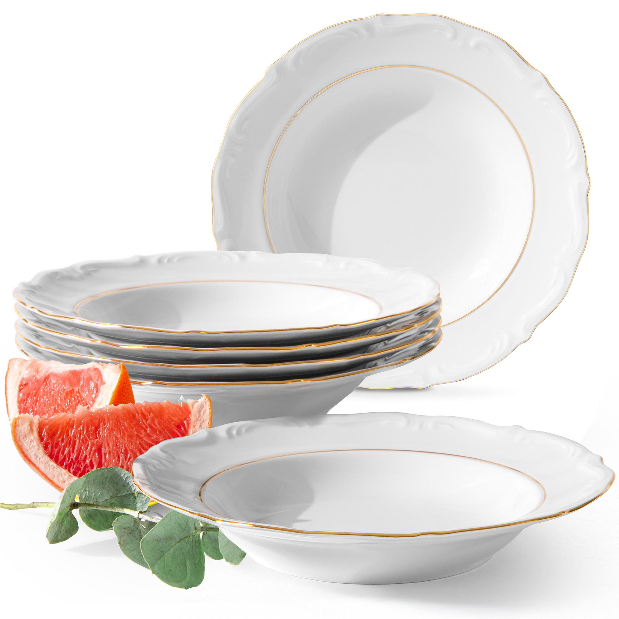 SUPPENTELLER Chodziez MARIA TERESA 6-tlg Porzellan mit Goldrand, Weiß / Gold - Goldfarben/Weiß, Keramik (22cm) - KONSIMO®