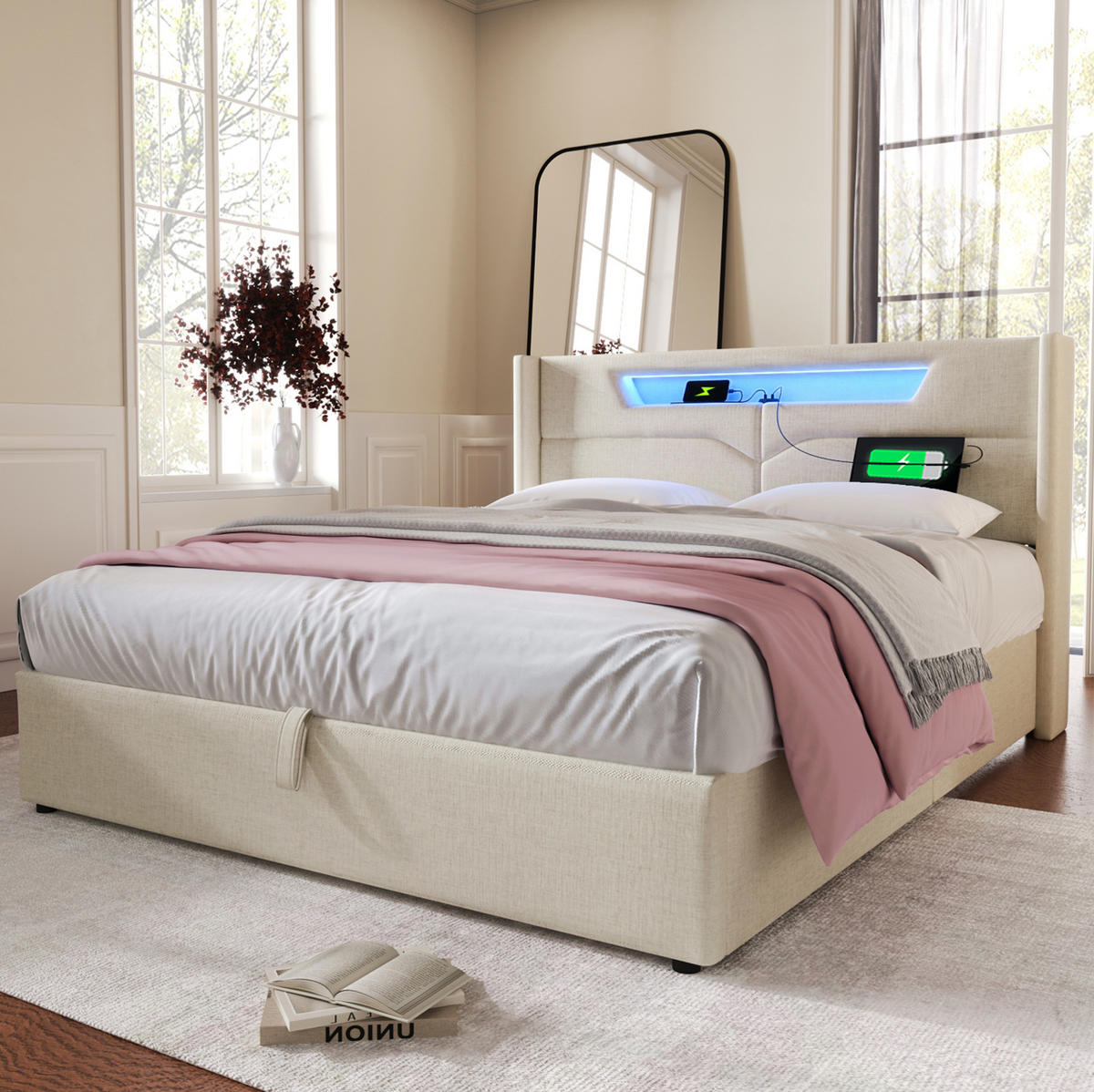 POLSTERBETT mit LED, USB und Stauraum 140x200 cm Beige - Beige, Metall (140/200cm) - Meubliv