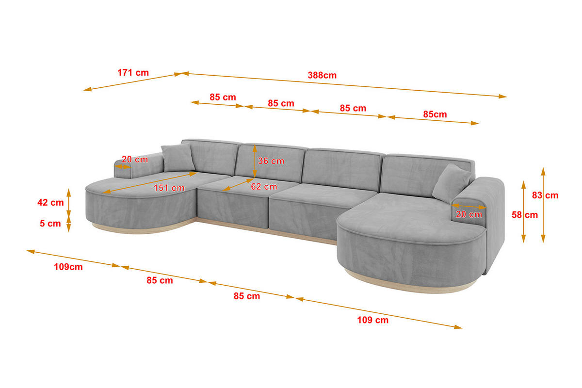 WOHNLANDSCHAFT MARI-U2-v1 - 388x171x83 cm Grau Velours - Grau, Holzwerkstoff/Textil (388/83/171cm) - ALTDECOR