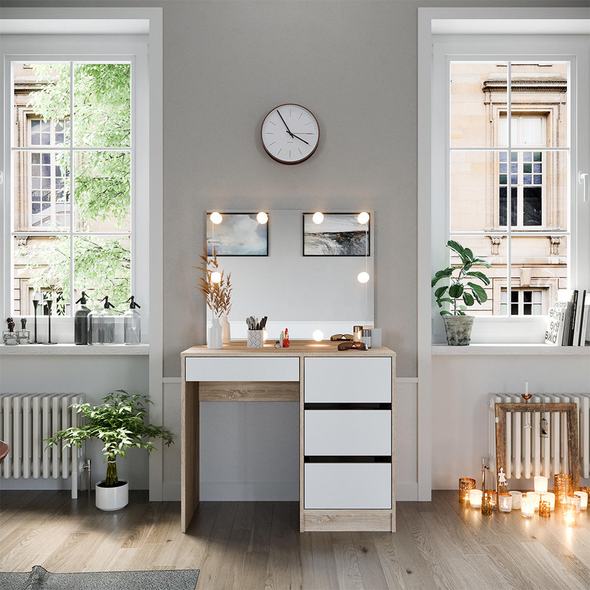SCHMINKTISCH Sherry Sonoma 90 cm mit LED Beleuchtung - Weiß/Sonoma Eiche, Holzwerkstoff (90/75/40cm) - Vicco