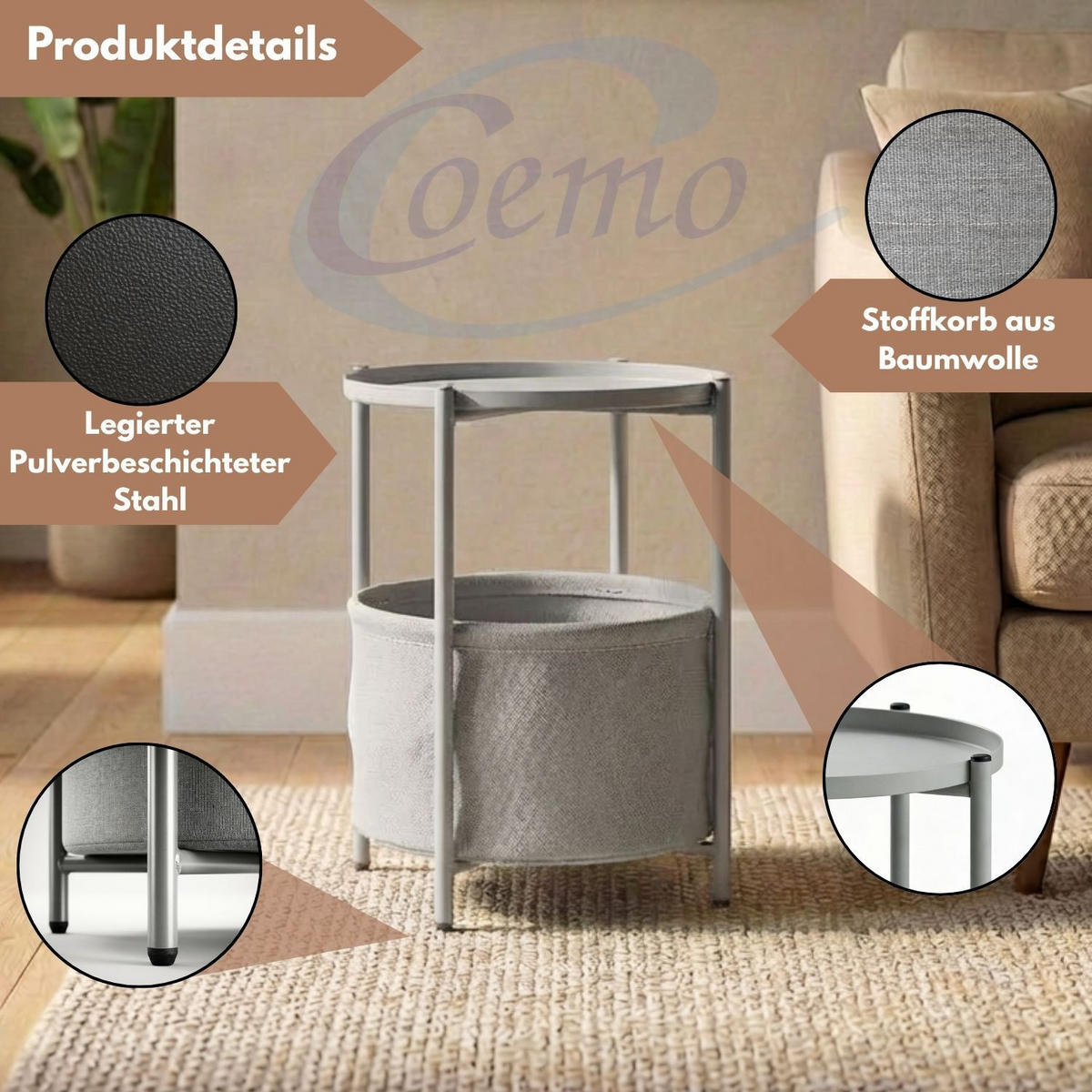 COUCHTISCH NINA Metall mit Aufbewahrungskorb Canvas Grau - Grau, Metall (45/45/48cm) - Coemo