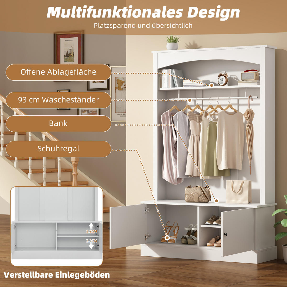 GARDEROBE 120/190/40 cm Weiß aus Spanplatte mit Schuhbank - Weiß, Holzwerkstoff (40/190/120cm) - OKMYHOME