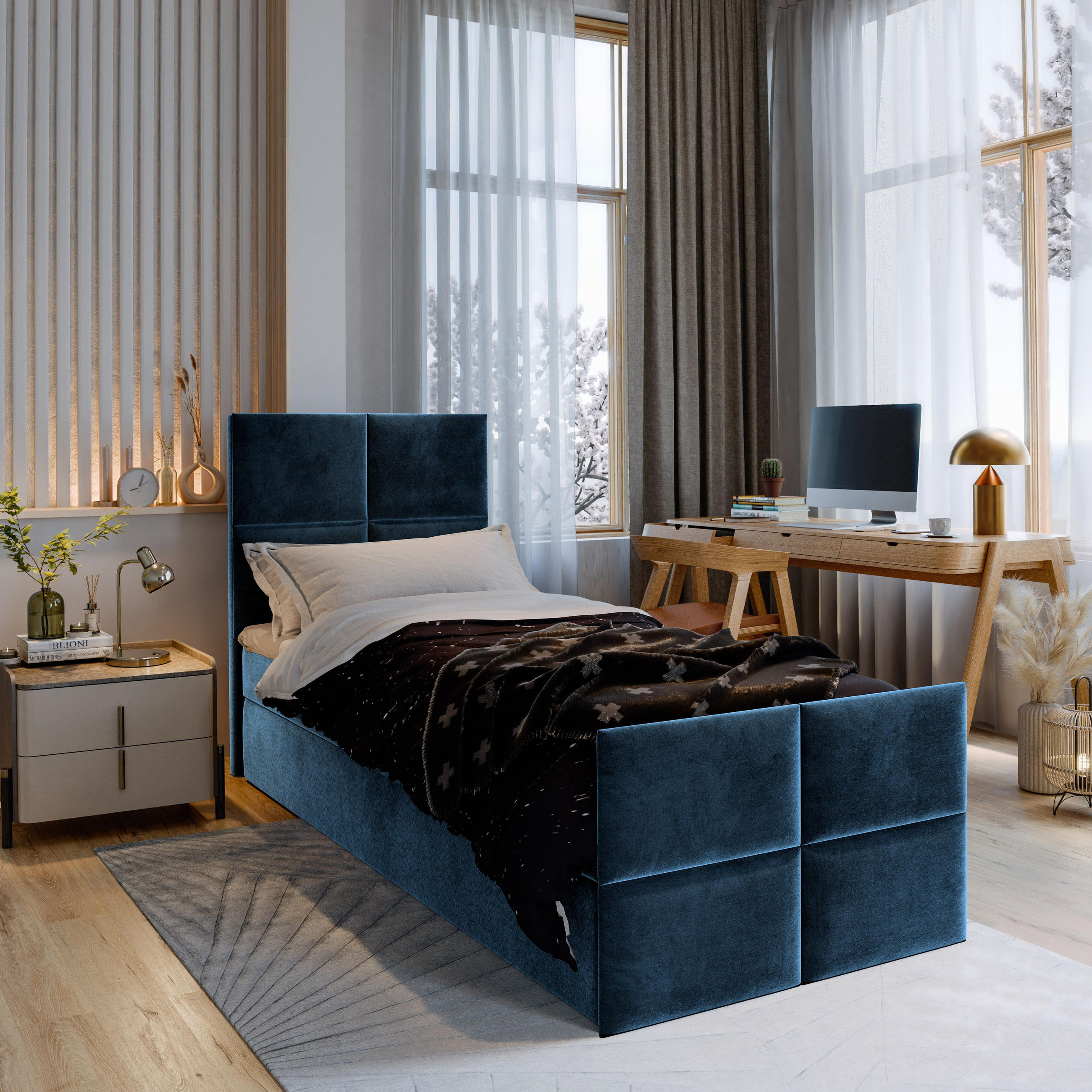 BOXBETT ARIEL 100 100x200 cm mit Matratze und Topper - Blau - Blau, Holz (100/200cm) - MASSENO