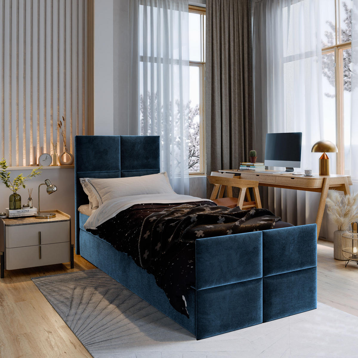 BOXBETT ARIEL 100 100x200 cm mit Matratze und Topper - Blau - Blau, Holz (100/200cm) - MASSENO