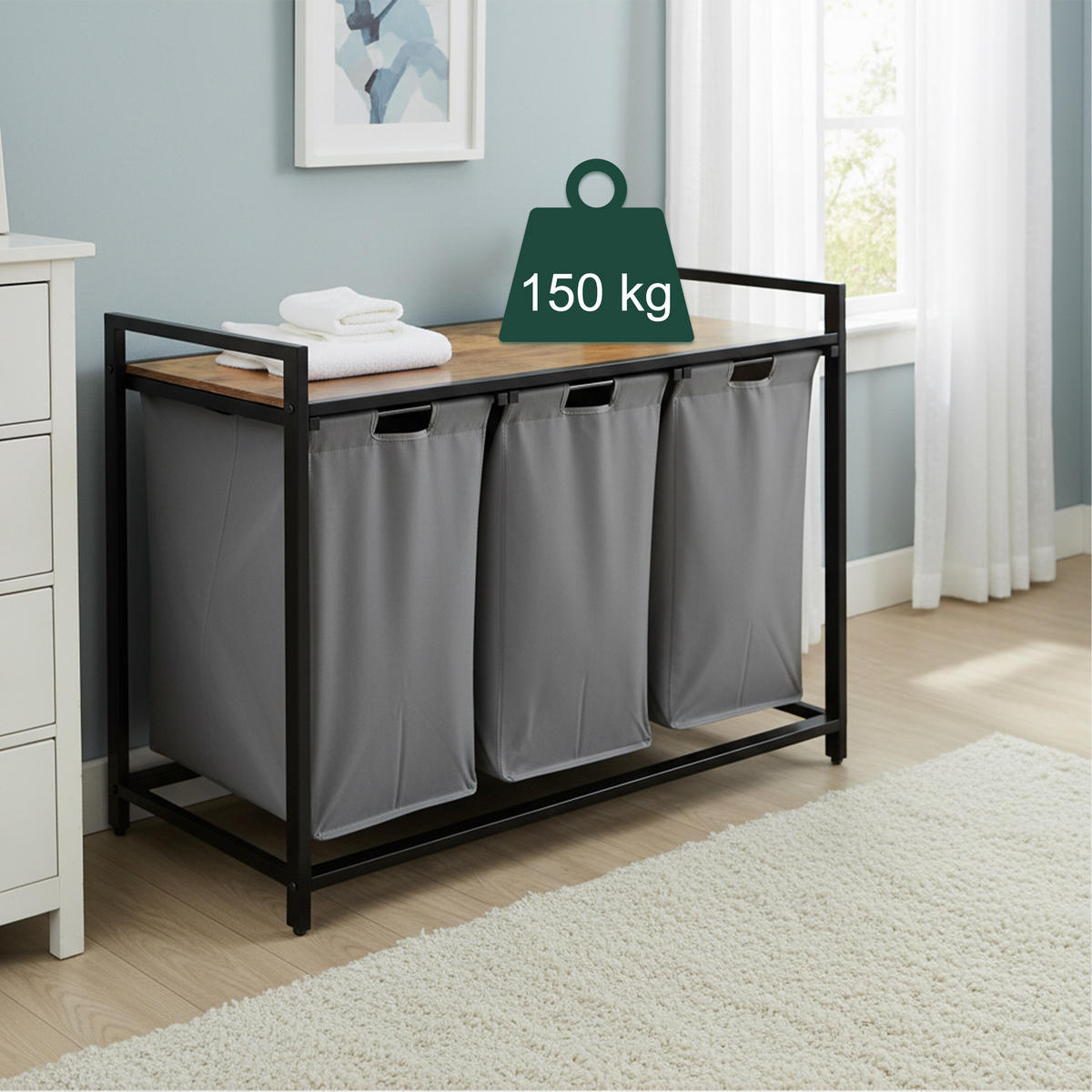 KOŠARA Siva za perilo 3 prekati s polico 73,5x109,5x33 cm - večbarvno, kovina/tekstil (109.5/73.5/33cm) - Relaxdays