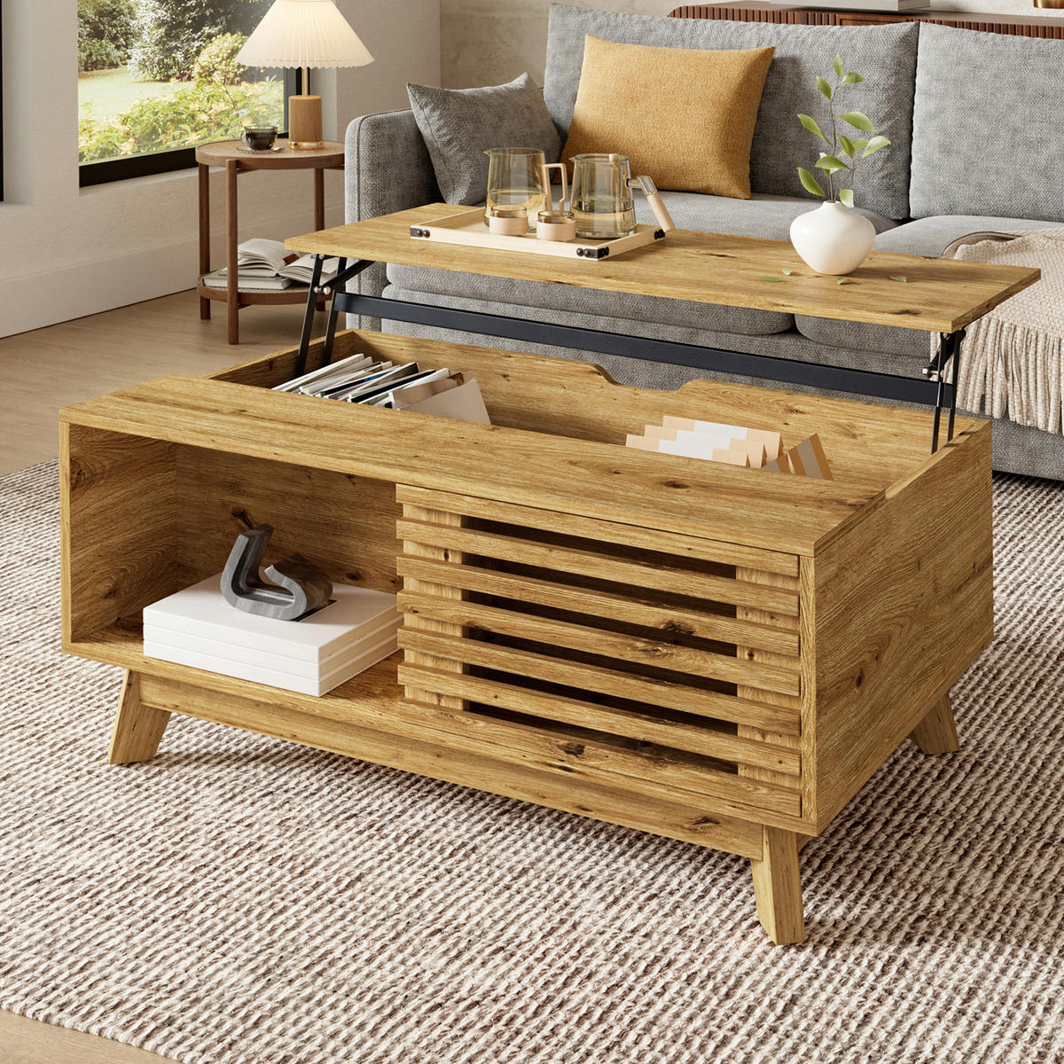 COUCHTISCH höhenverstellbar mit Jalousietür und MDF-Korpus - Naturfarben, Holzwerkstoff (55/90/57.5cm) - FLIEKS