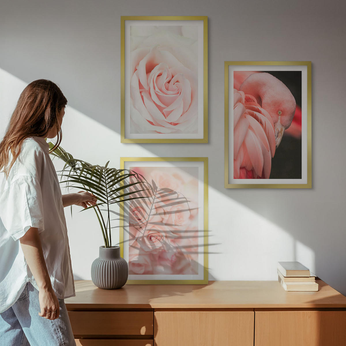 BILDER SET 3er Set - 40x60 cm Goldrahmen - Zartrosa Flamingos - Goldfarben, Kunststoff (40/60cm) - TULUP