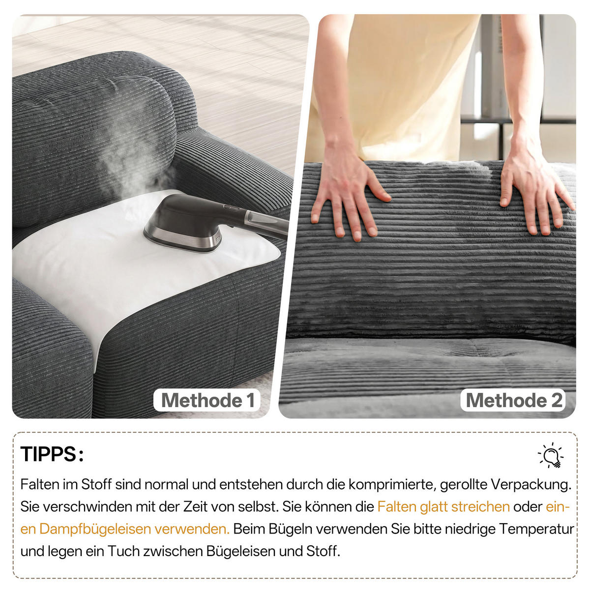 4-SITZER SOFA Modulares Boneless Cord Sofa Rahmenlos - Grau, Textil (388/75/103cm) - Urban Meuble