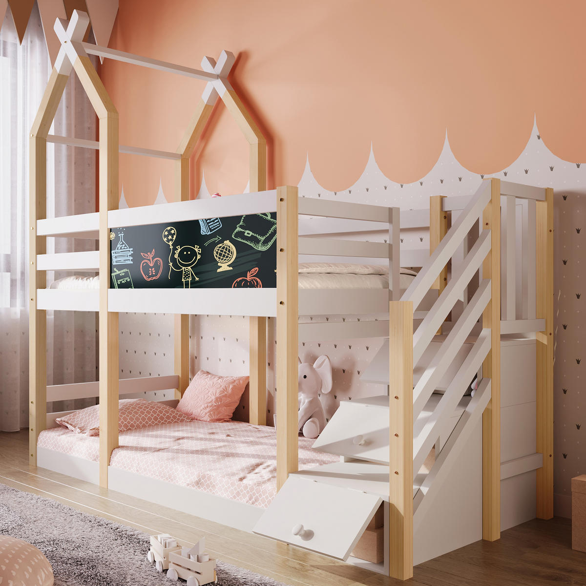 ETAGENBETT 90/200 cm Weiß Baumhaus Design mit Tafel und Rausfallschutz - Weiß, Holzwerkstoff (90/200cm) - OKWISH