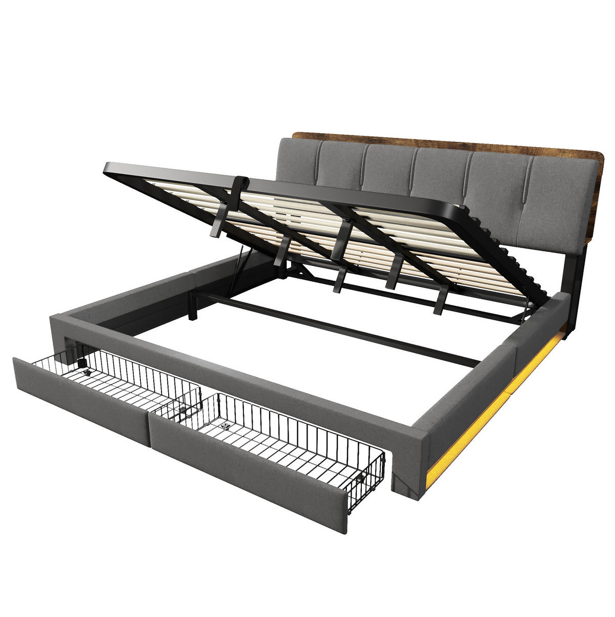 POLSTERBETT 180/200 cm Grau aus Leinen mit hydraulischem Bettkasten, USB-/Typ-C-Anschluss, LED-Beleuchtung - Grau, Textil (180/200cm) - OKMYHOME