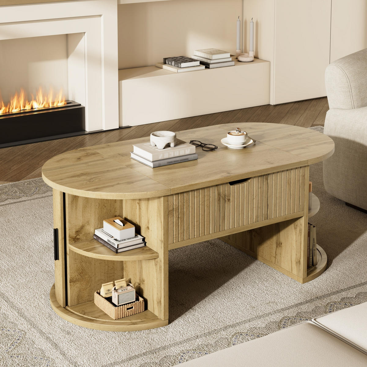 COUCHTISCH in Eichefarben höhenverstellbarer Wohnzimmertisch mit offenen Regalen und Stauraum , B100/T50/H40.5cm - Eichefarben, Holzwerkstoff/Metall (50/100/40.5cm) - STILVORA
