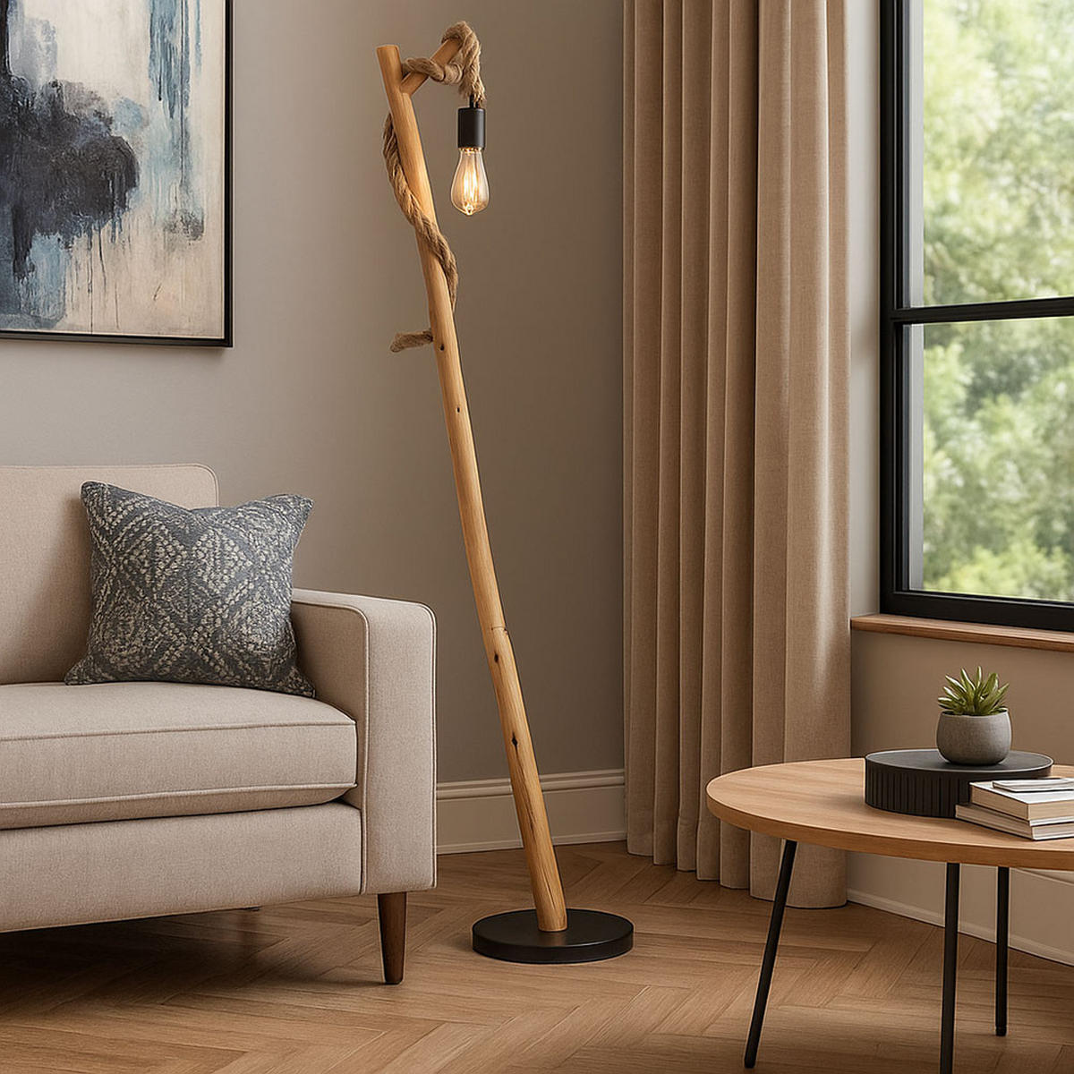LED STEHLEUCHTE Holz Braun Metall - Braun, Holz (42.5/30/150cm) - Globo Lighting