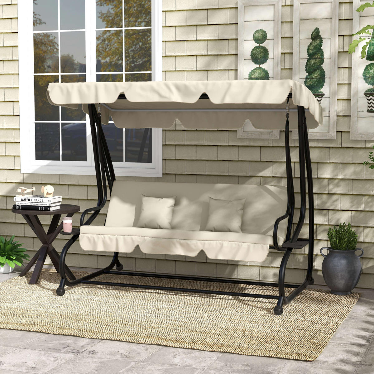 HOLLYWOODSCHAUKEL 3-Sitzer mit Verstellbar Dach Kissen Cremeweiß - Creme, Metall (120/164/200cm) - Outsunny