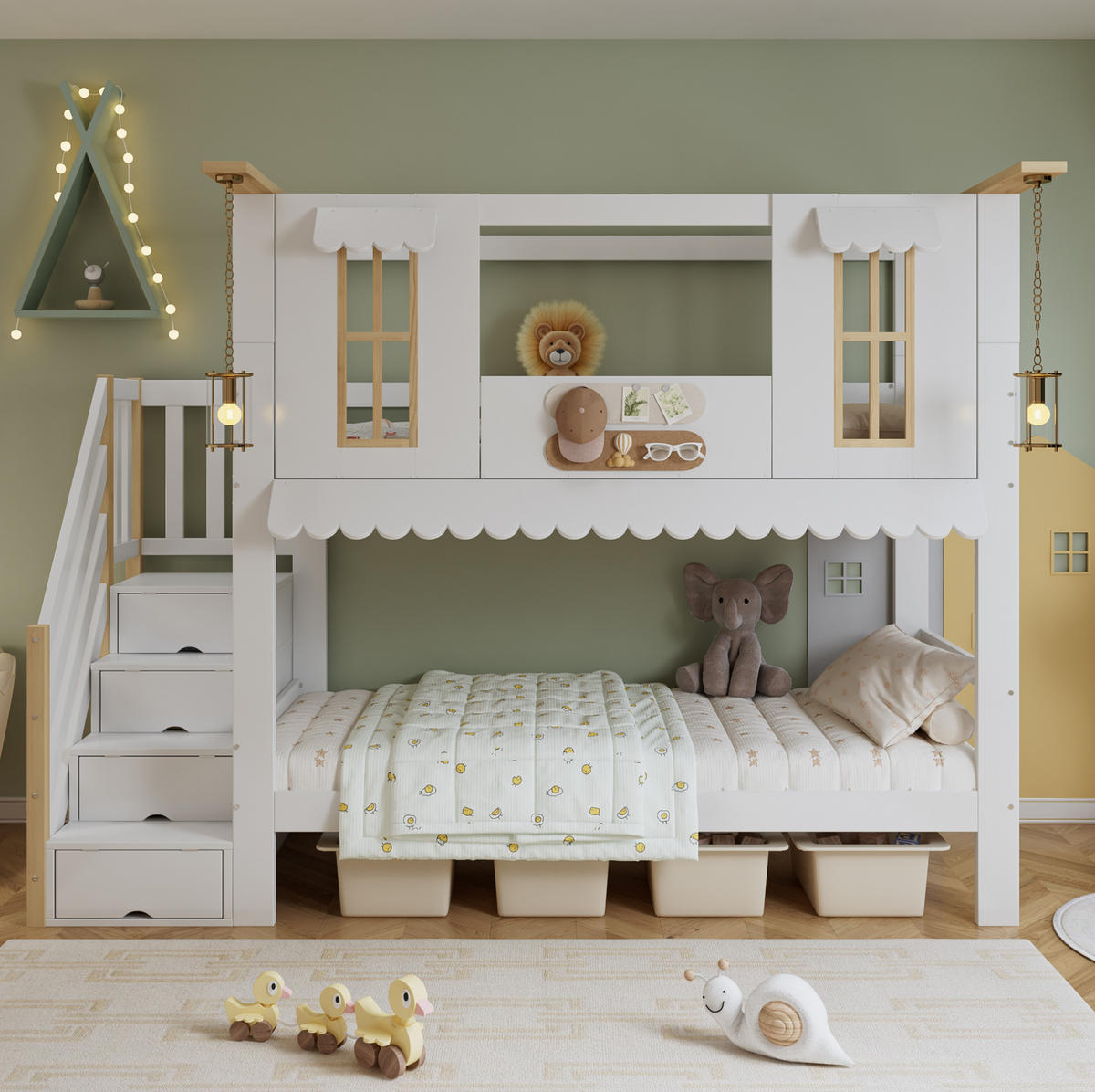 ETAGENBETT 90/200 cm Weiß/Natur mit Aufbewahrungstreppe und Hausdesign - Weiß, Holz (90/200cm) - Flora Grace