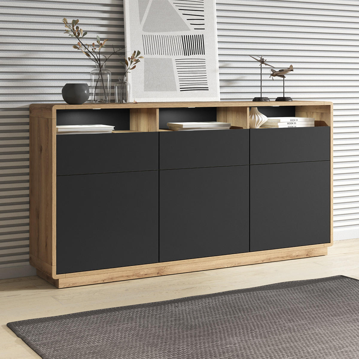 SIDEBOARD Raven Mattschwarz und Holz - Schwarz, Holzwerkstoff (180/96/40cm) - Petits-meubles
