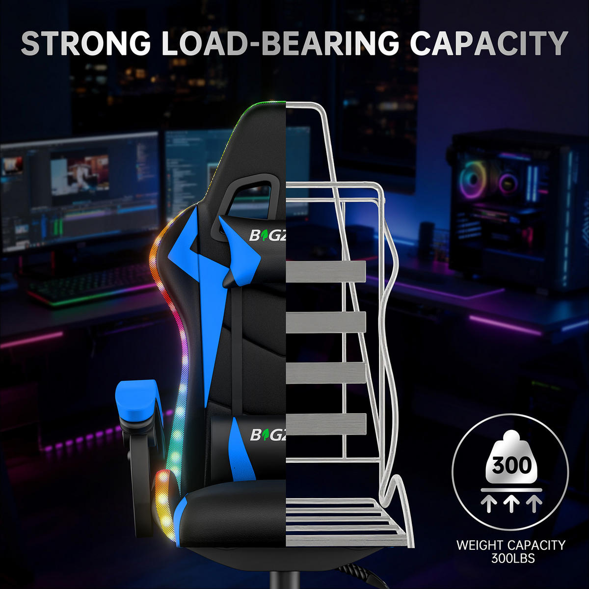 GAMINGSTUHL Schwarz-Blau,mit Led,Leder, Metall - Blau, Leder (29/59/79cm) - Rattrix