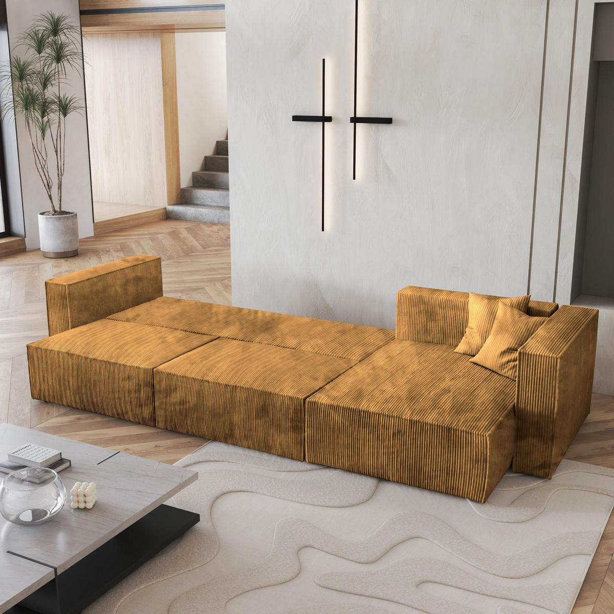 ECKSOFA TOLMO P Gelb Kordstoff mit Schlaffunktion - Gelb, Holz (347/148cm) - MASSENO