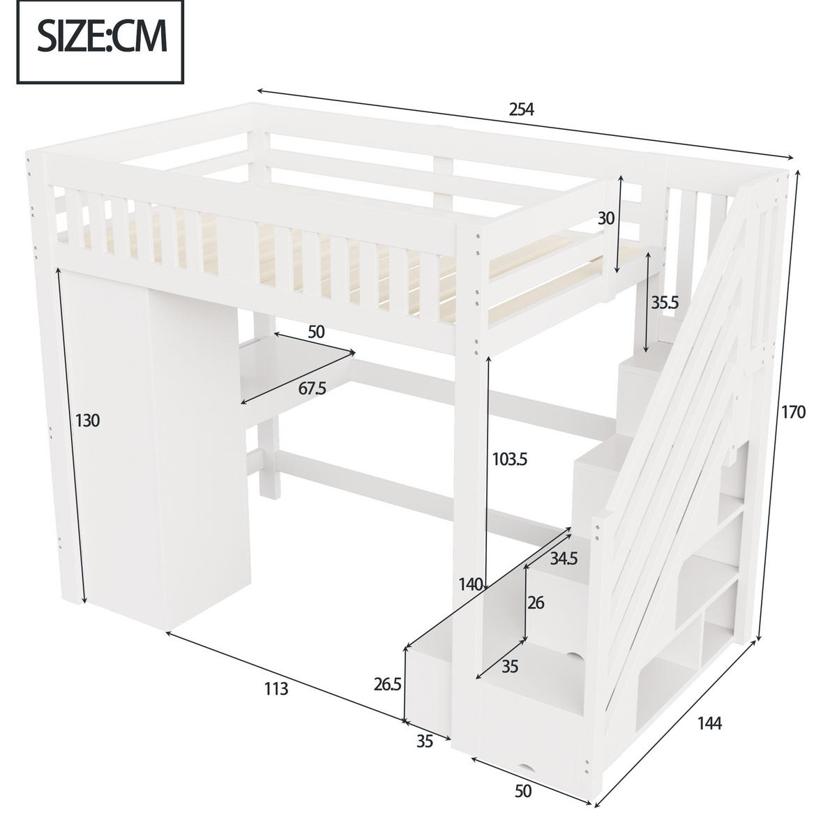 HOCHBETT 140x200 cm in Weiß mit Stauraumtreppe, Schreibtisch, Kleiderschrank und LED - Weiß, Holz (140/200cm) - IVMEU
