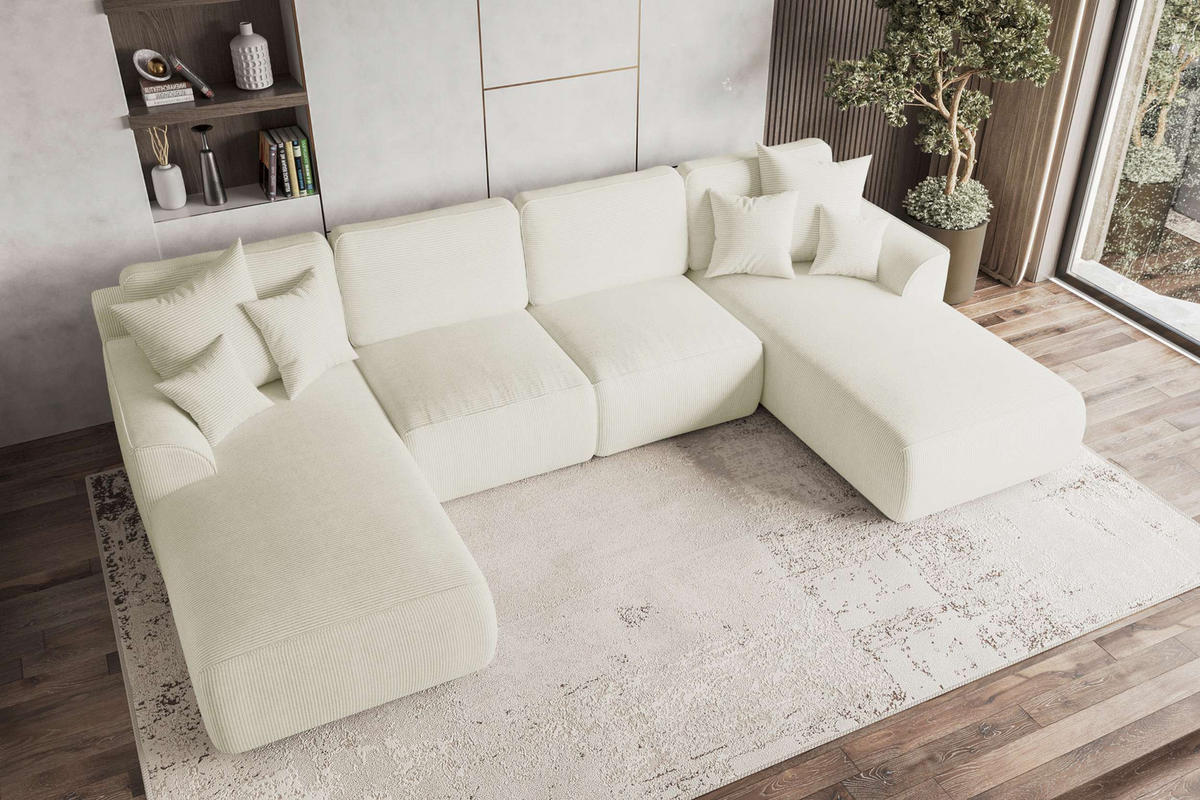 WOHNLANDSCHAFT GUSTO Cordstoff Creme inkl. Schlaffunktion - Chromfarben/Creme, Kunststoff/Textil (306/96/194cm) - 99rooms