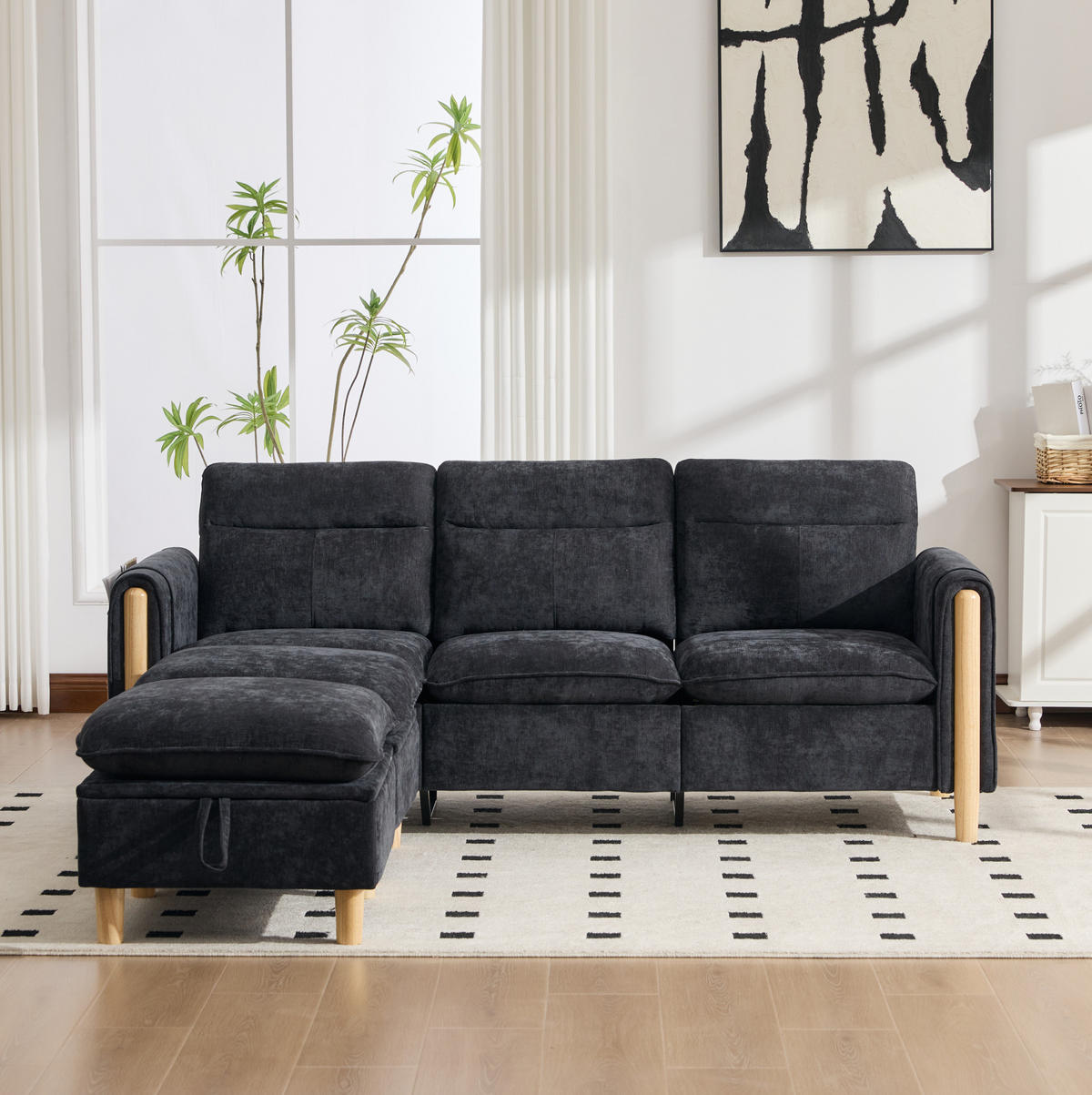 SOFA 201/77/86 cm in Schwarz mit Stauraum und Chenillebezug - Schwarz, Textil (77/86/201cm) - Flora Grace