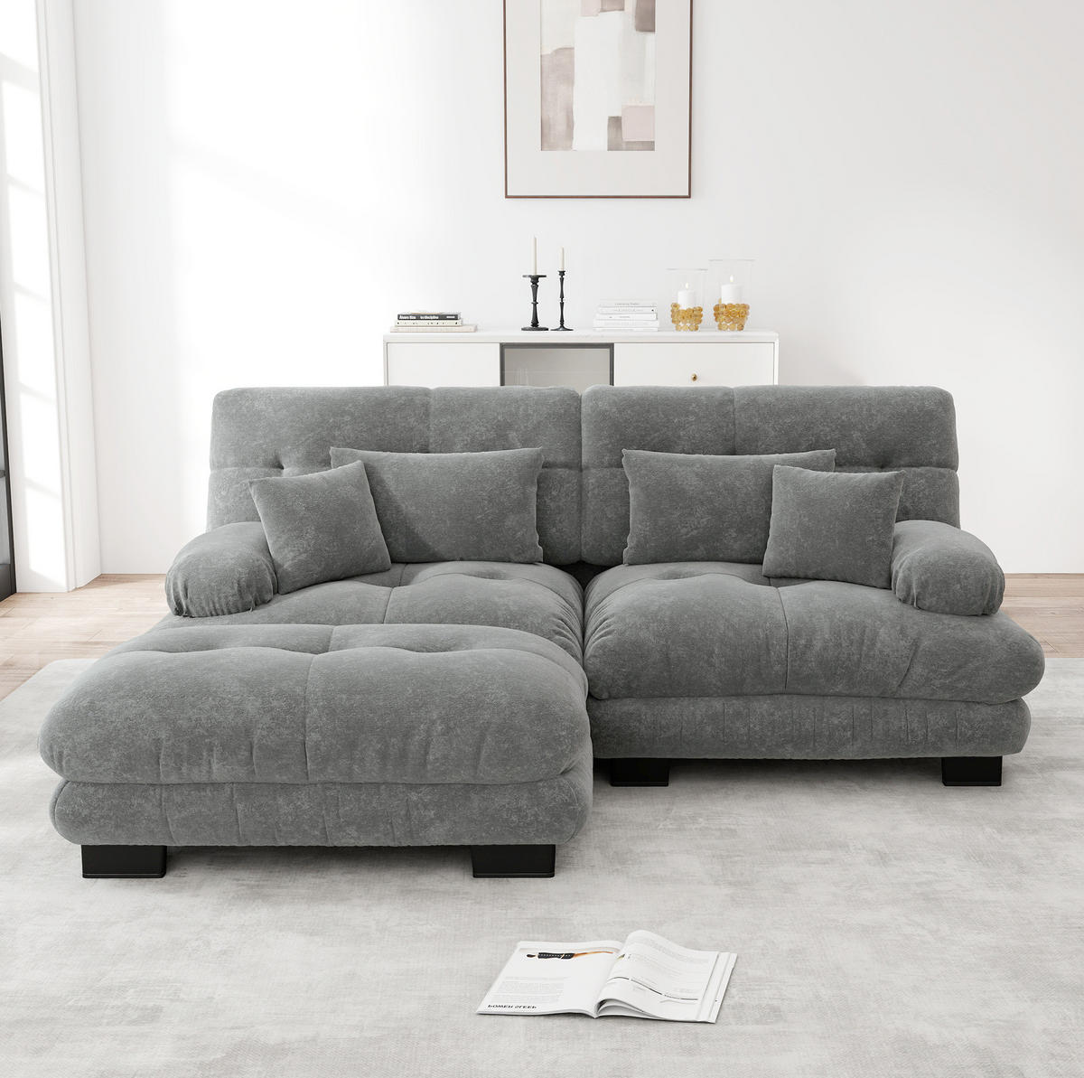 ECKSOFA modular mit beweglichen Ottomane, breiten Armlehnen und Kissen, Grau - Grau, Textil (220/145cm) - Redom