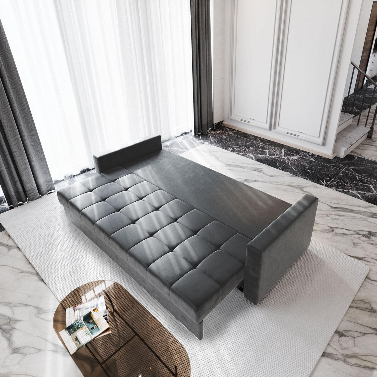 BETTSOFA SIRO Grau Plüsch-Stoff mit Schlaffunktion - Grau, Textil (222/83/86cm) - MASSENO