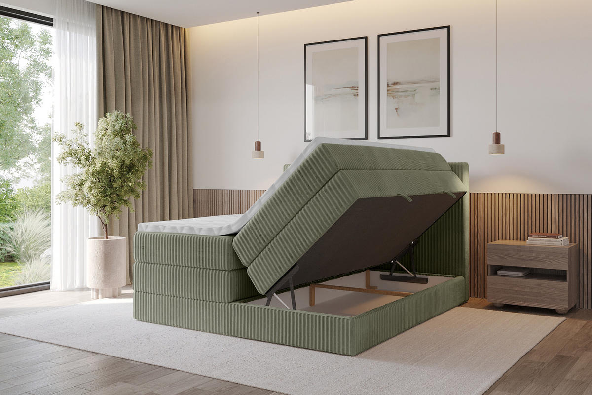 BOXSPRINGBETT mit Matratze H3|H4 und Lattenrost - TOLO KING 140x200 Cord - Olive - Olivgrün, Holzwerkstoff (140/200cm) - ALTDECOR