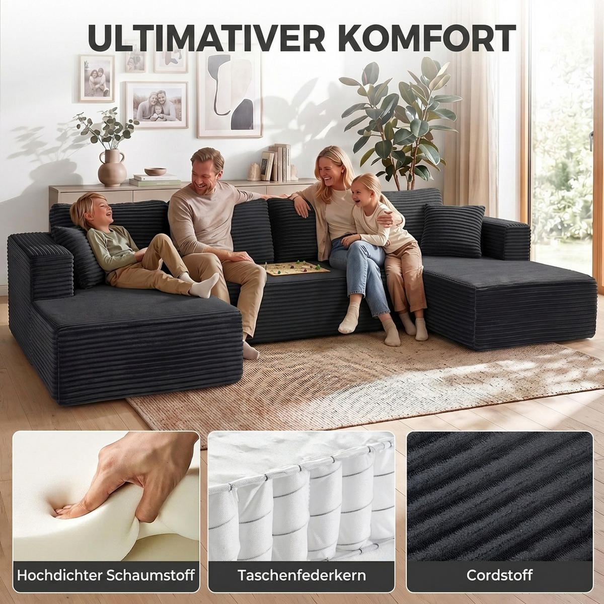 ECKSOFA Dunkelgrau 369.0/152.0/78.0 cm - Dunkelgrau, Textil (152/369cm)