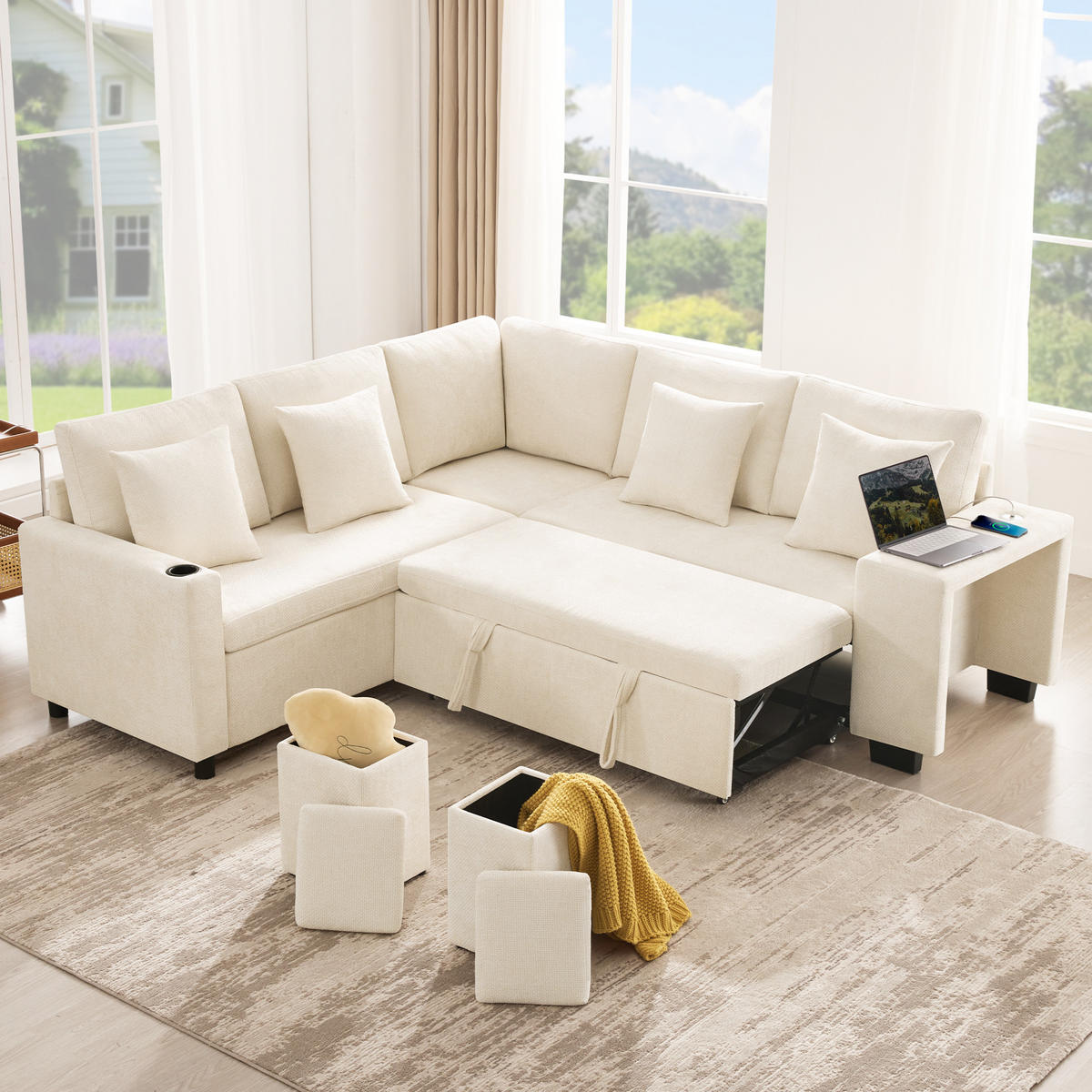 SCHLAFSOFA Beige L-Form USB Stauraum Getränkehalter Kissen - Beige, Textil (205/220cm) - FLIEKS