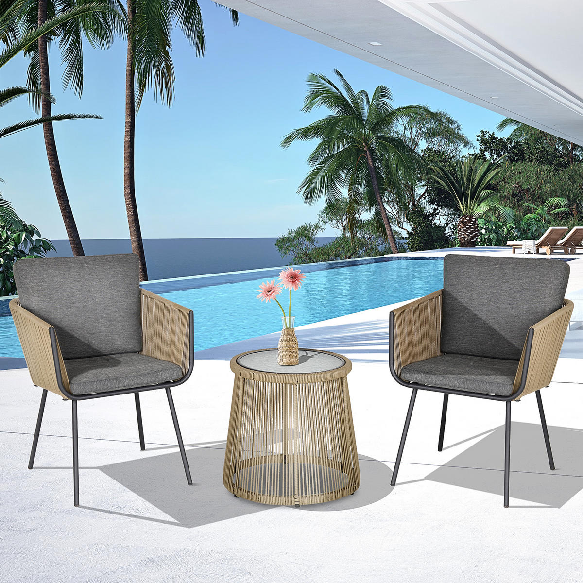 SITZGRUPPE, 3-tlg. Rattan Gartenmöbel-Set, Gartengarnitur mit 2 Gartenstühle - Grau, Kunststoff - Outsunny