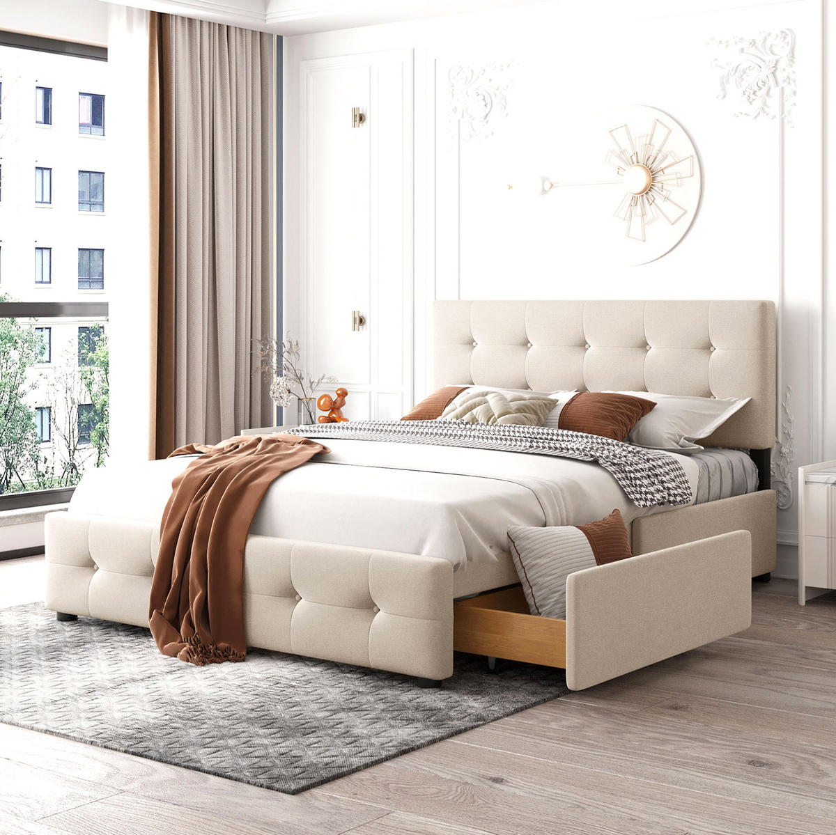 POLSTERBETT 140/200 cm Beige aus Stoff mit 4 Schubladen - Beige, Textil (140/200cm) - OKMYHOME