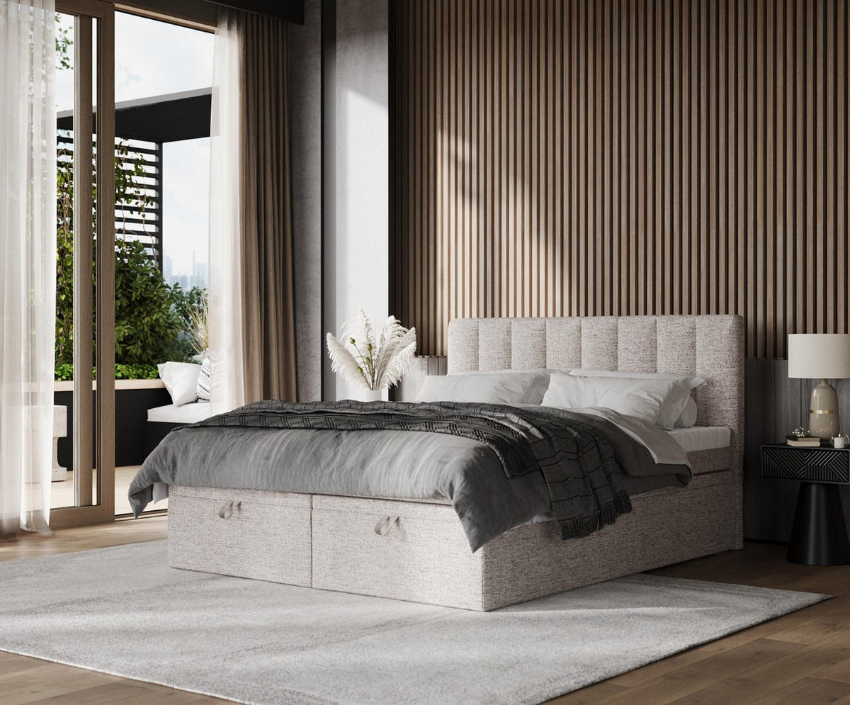 BOXBETT Lume 180/200 cm Beige im Neve Stoff - Beige/Schwarz, Holz/Holzwerkstoff (180/200cm) - AltaBeds