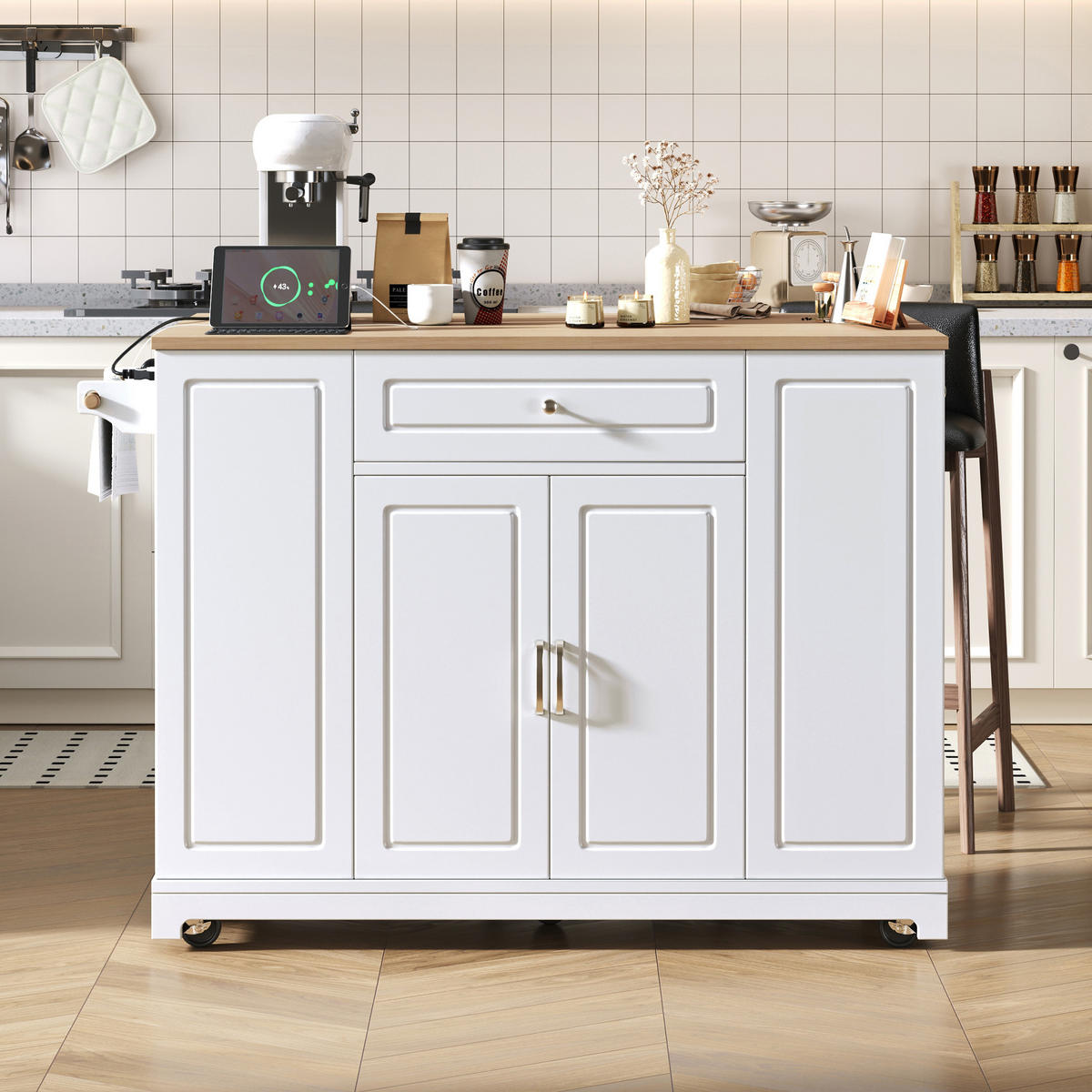KUECHENINSEL mit Rollen und Ausziehplatte 131,8 x 40-70 x 93,3 cm Weiß/Natur - Weiß, Holz (40/93.3/131.8cm) - Beauniv