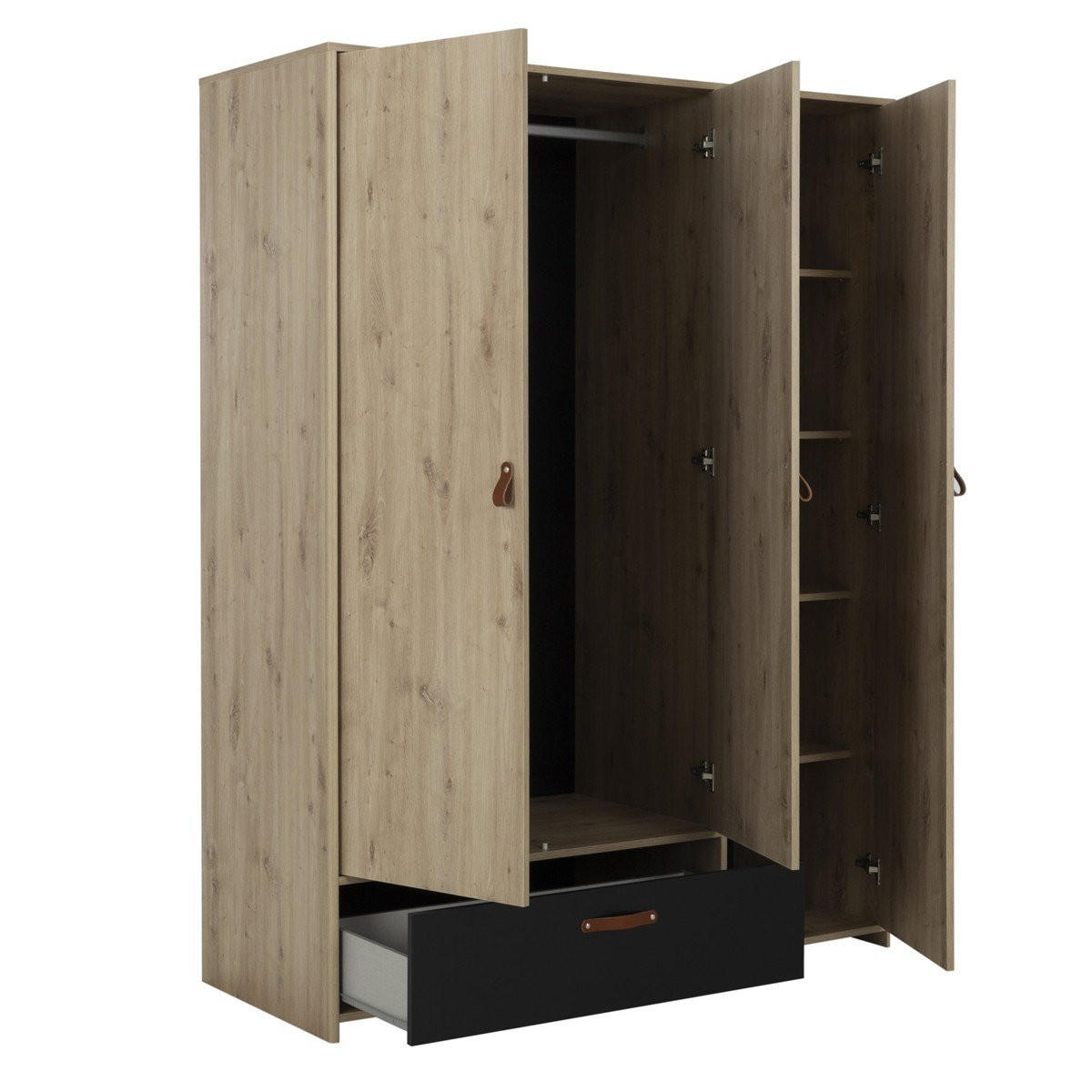KLEIDERSCHRANK 3 Türen 1 Schublade industrieller Stil Eiche Handwerkskunst - Französische Herstellung - 60/152/200 cm - Apfelbaumfarben, Holzwerkstoff (152/200/60cm) - Calicosy