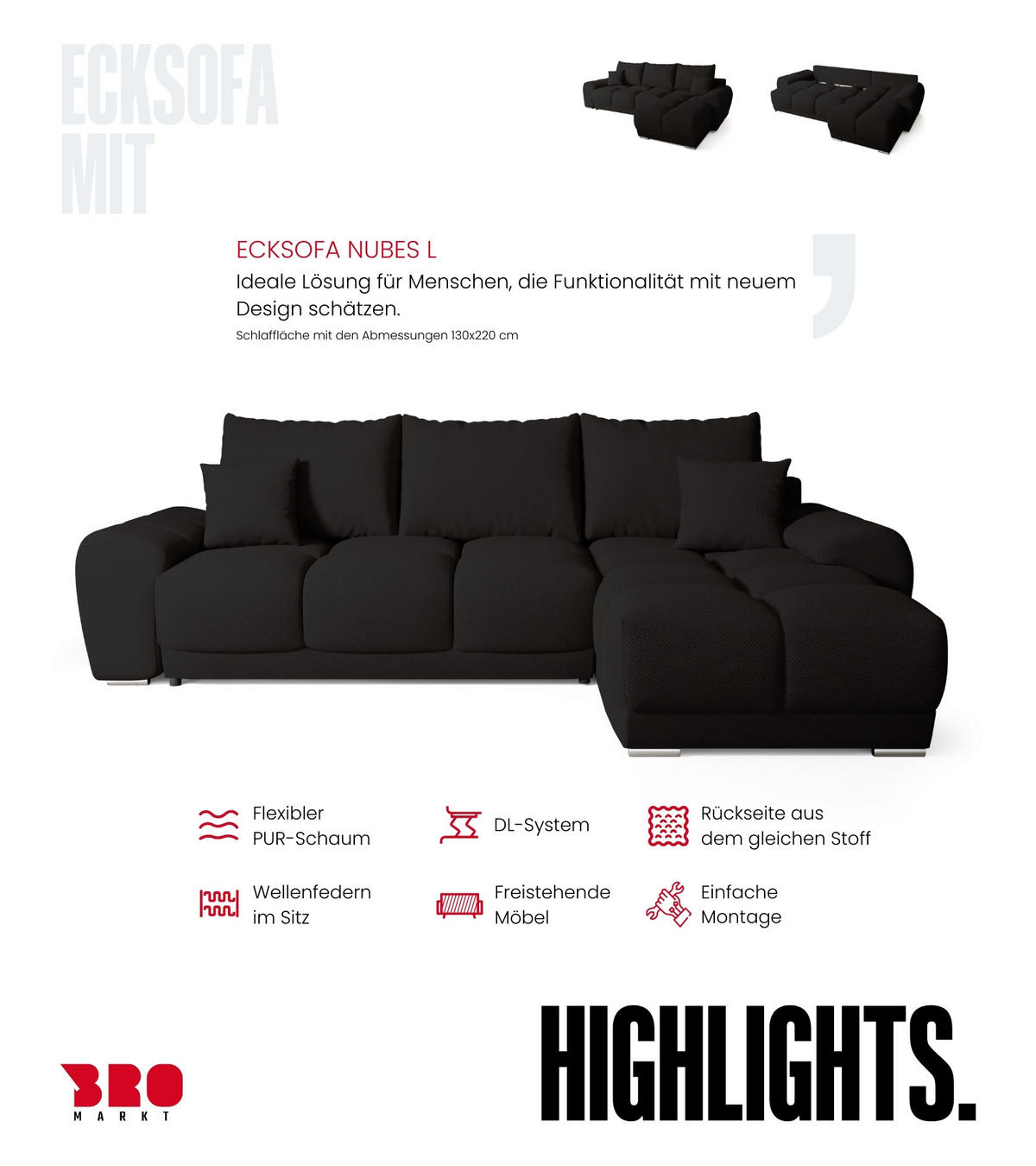 ECKSOFA Nubes mit Schlaffunktion Schwarz - Silberfarben/Schwarz, Kunststoff/Textil (290/180cm) - Bromarkt