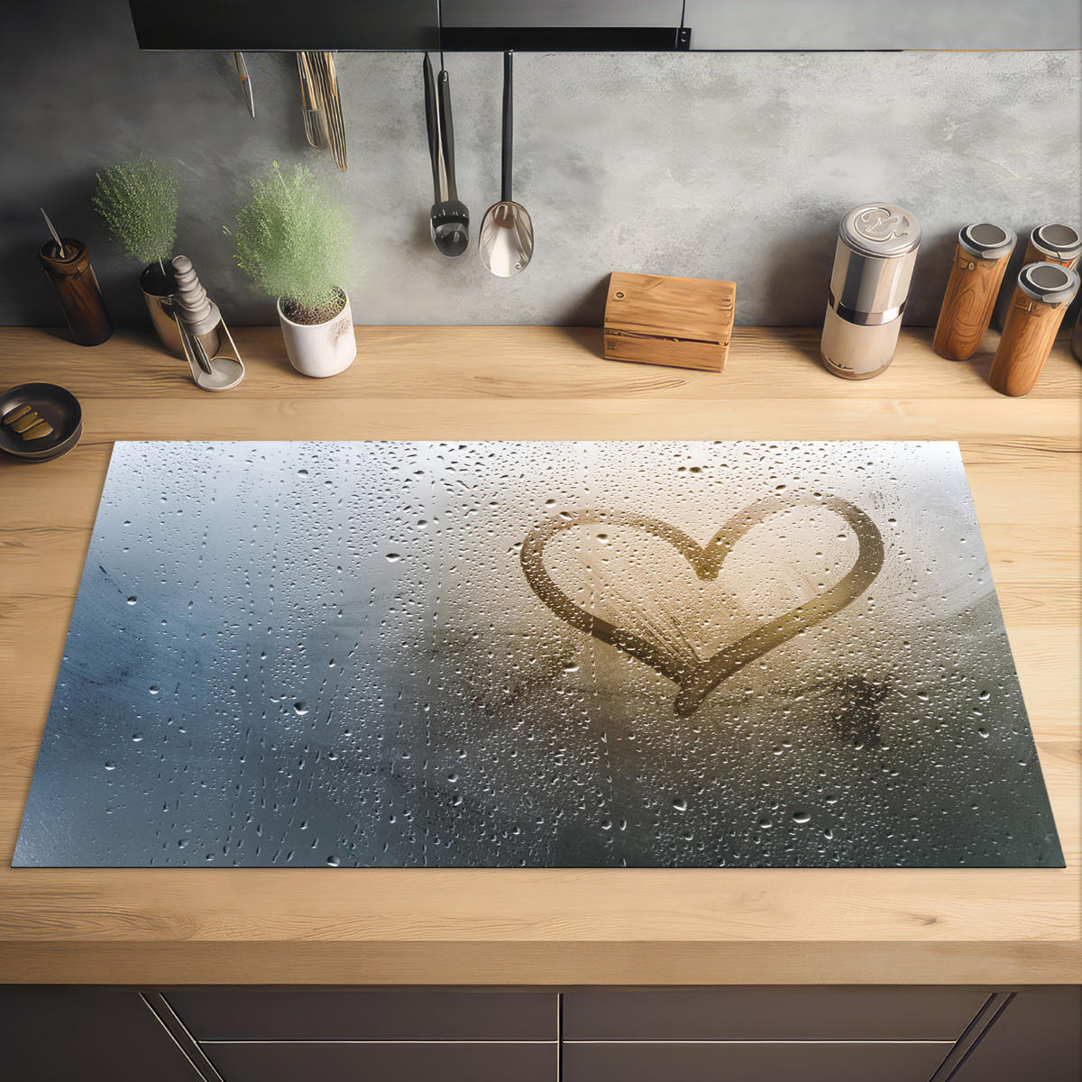 HERDABDECKPLATTE Herz - Kondenswasser - Wasser - 3D Induktionsschutz 91.2x52 cm - Grau, Kunststoff (91.2/52/0.2cm) - MuchoWow