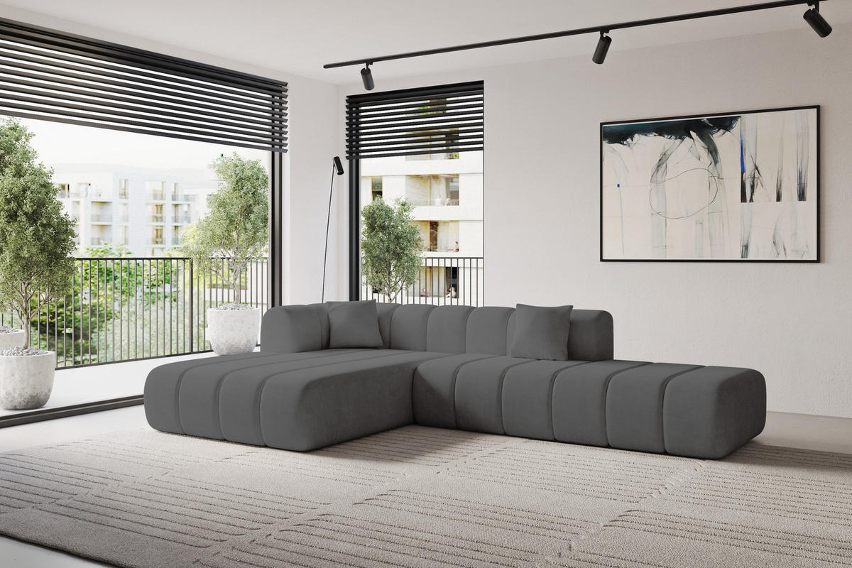 ROHOVÁ SEDAČKA s otomanem, levá BILA-L 289x176x71 Tmavě šedá Velur - černá/tmavě šedá, kompozitní dřevo/textil (176/289cm) - ALTDECOR