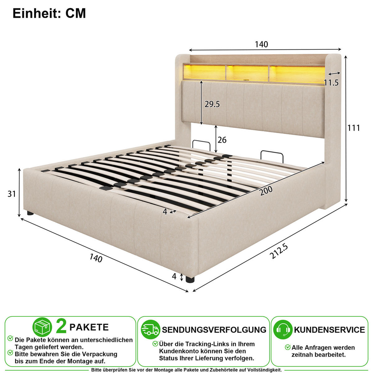 POLSTERBETT 140/200 cm in Beige mit Bettkasten, LED, USB und Type-C Leinenstoff - Beige, Holzwerkstoff/Textil (140/200cm) - CHICFURN