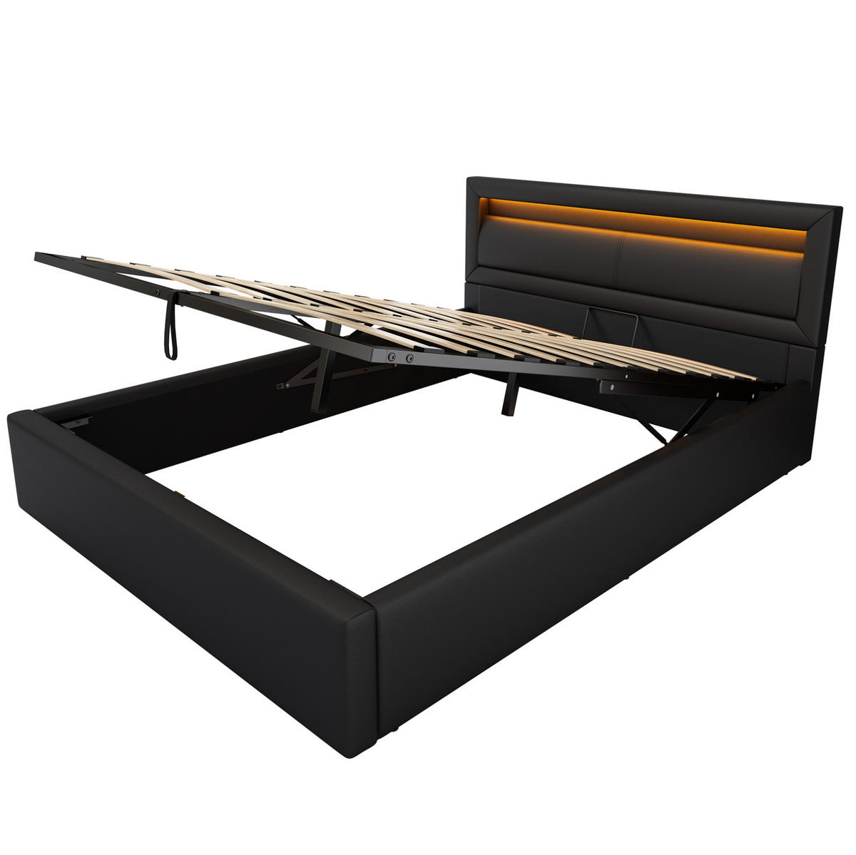 POLSTERBETT mit LED-Beleuchtung 140/190 cm mit Bettkasten und Kunstlederbezug - Schwarz, Kunststoff (140/190cm) - BEAOK