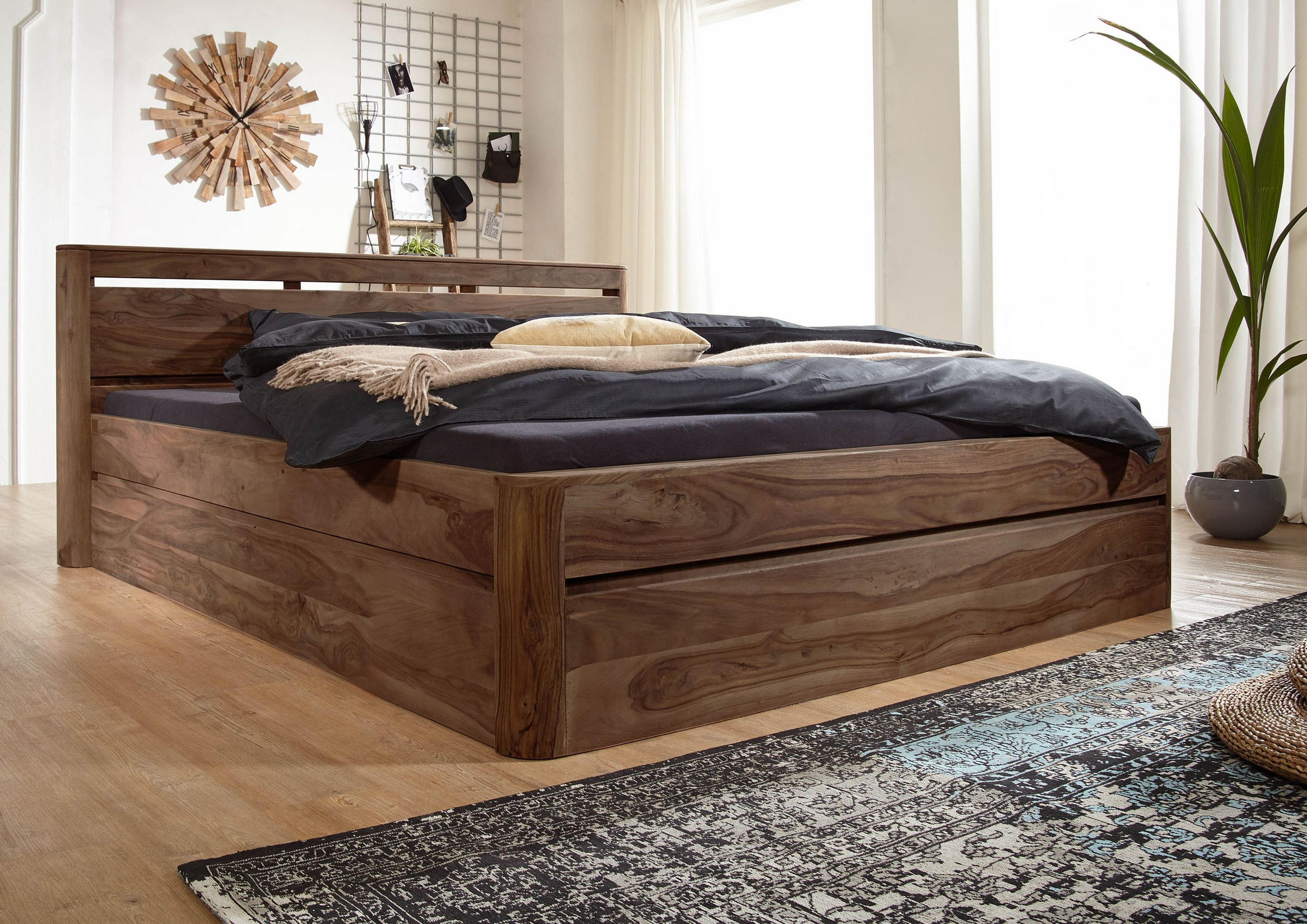 BETT Massivholz Akazie / Sheesham 200 x 200 x 90 dunkelbraun TORONTO #158 - Dunkelbraun, Holz (200/200cm) - Massivmoebel24