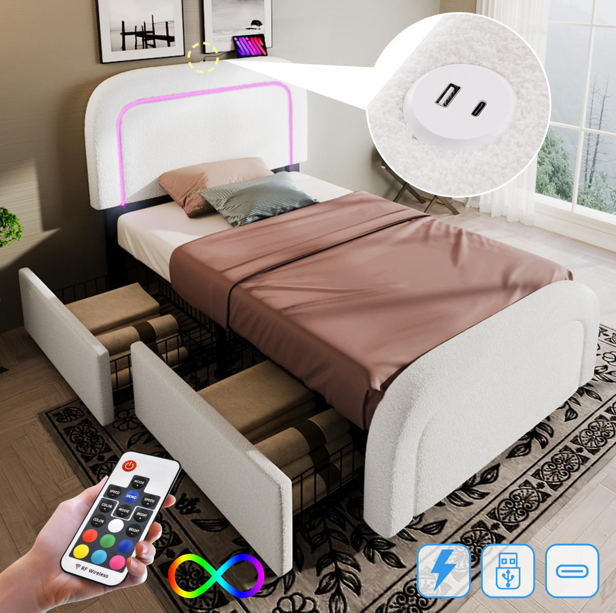 POLSTERBETT 90/200 cm Weiß mit USB- und Type-C-Anschlüssen und LED-Beleuchtung - Weiß, Textil (90/200cm) - OKWISH