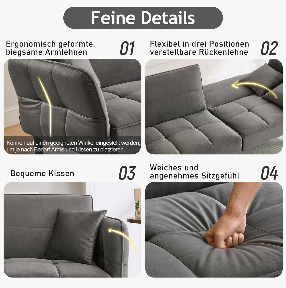 SCHLAFSOFA Samtbezug mit verstellbaren Rückenlehnen und klappbaren Armlehnen Antikgrau 176/78/76 cm - Grau, Textil (78/76/176cm) - Redom