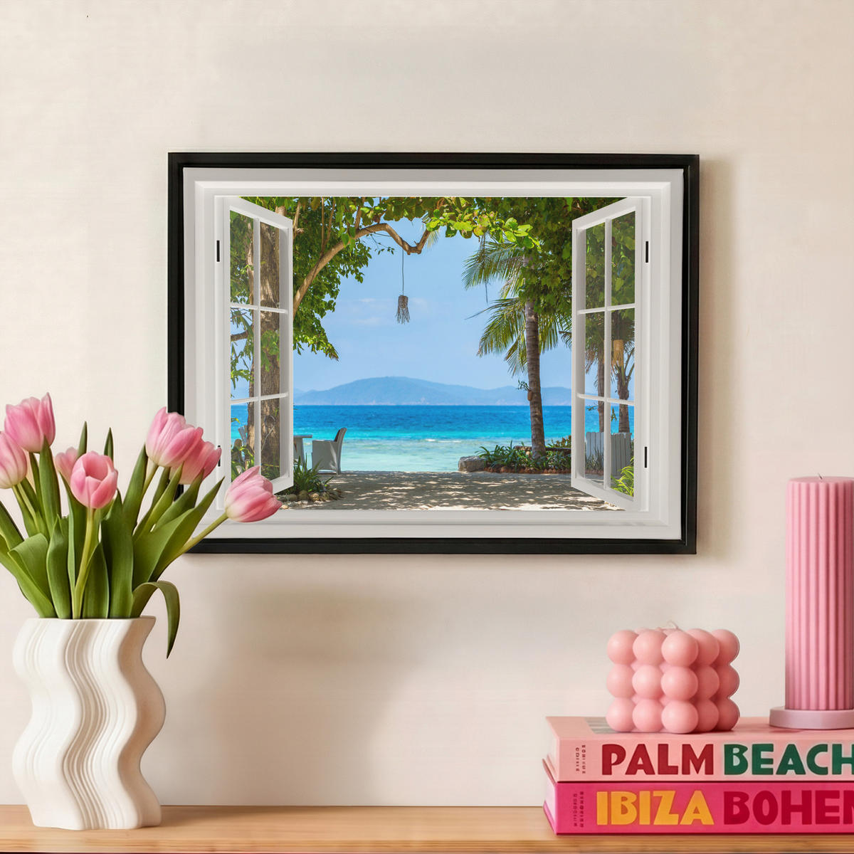 LEINWAND Bilder mit Rahmen - Aussicht - Baum - Meer - Palme - Hügel - Strand - Blau - 40x30 - Blau, Textil (40/30cm) - MuchoWow