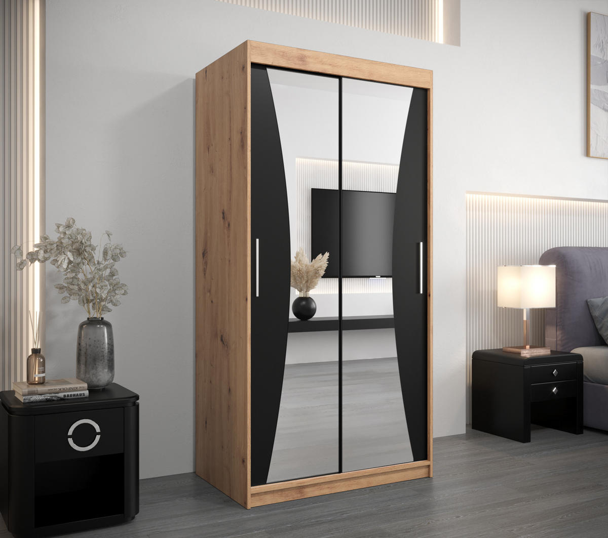 SCHWEBETÜRENSCHRANK 200/100/62 2-türig - Silberfarben/Schwarz, Holz/Kunststoff (100/200/62cm) - Abiks Möbel