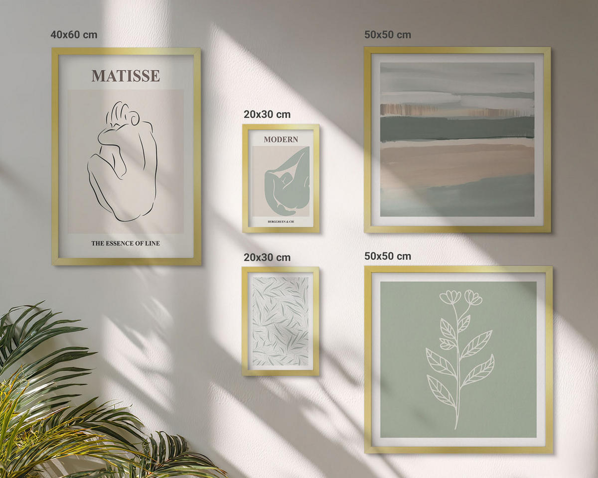 WANDBILDER 5er Set - 50x50 cm & 20x30 cm & 40x60 cm Goldrahmen - Abstrakte Pflanzenformen - Goldfarben, Kunststoff (40/60cm) - ArtPrintCave