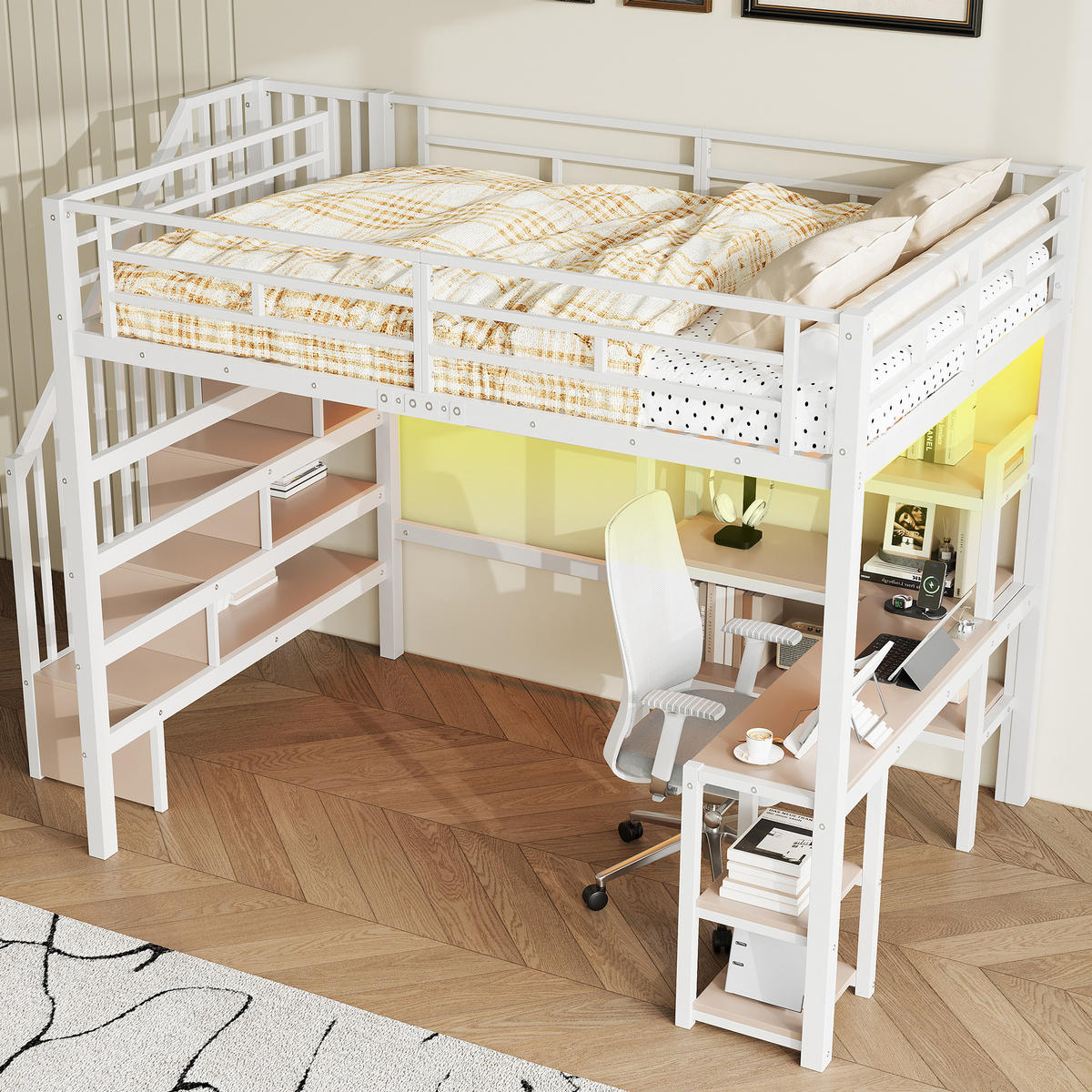 HOCHBETT 140/200 cm in Weiß mit Schreibtisch, Ablagefächern, LED und USB - Weiß, Holzwerkstoff/Metall (140/200cm) - WISHDOR